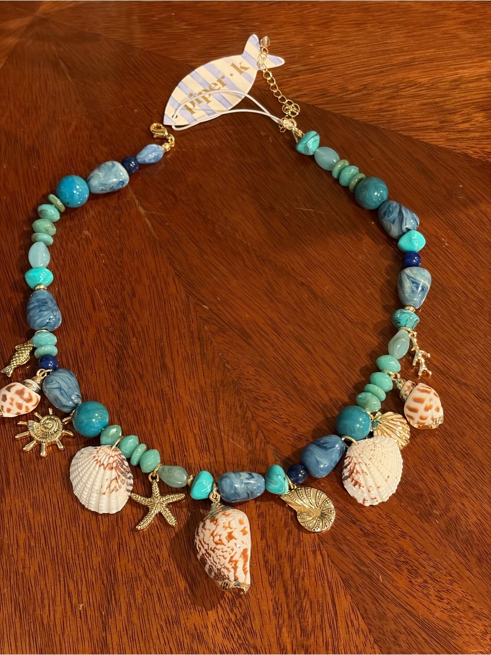 Turquoise Bead Shell Charm Necklace with Gold Accents - Women Jewelry - Picture 2 of 8